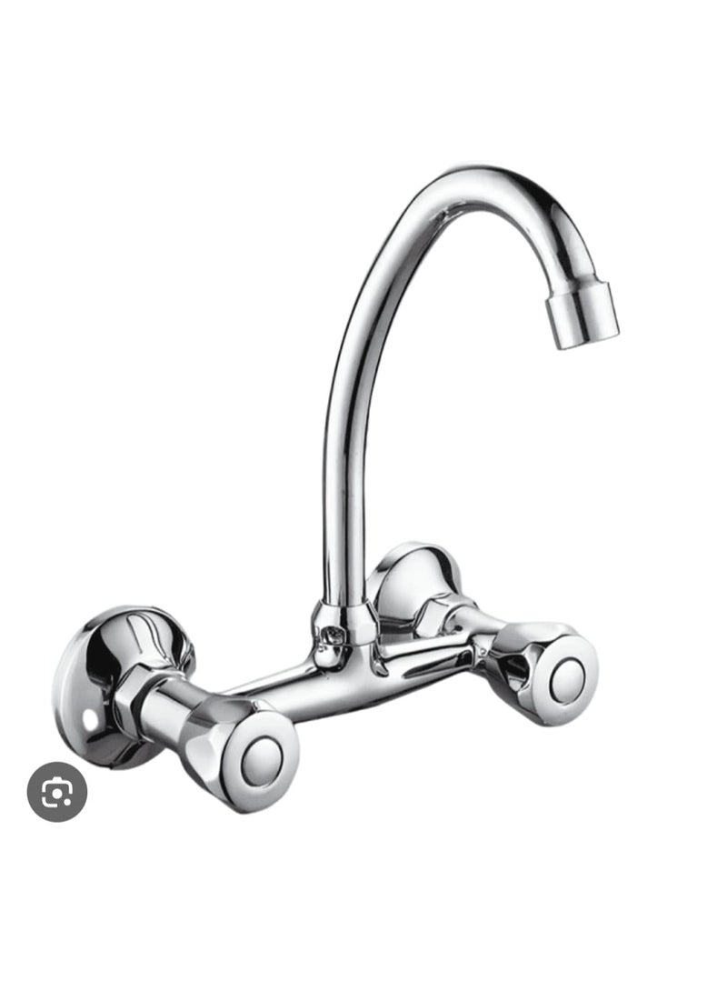 Italian Made Wall Mounted Kitchen Mixer Faucet with Dual Knobs for Hot and Cold Water, High Arc Chrome Plated Stainless Steel Spout, Rust-Resistant Design for Modern Kitchens - Image 1