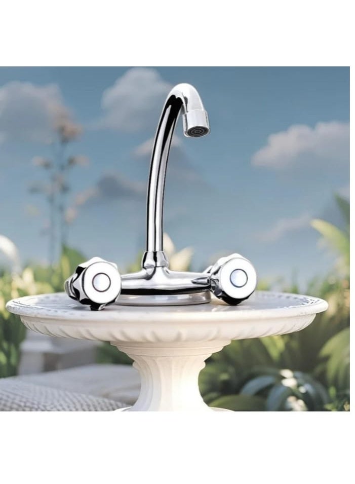 Italian Made Wall Mounted Kitchen Mixer Faucet with Dual Knobs for Hot and Cold Water, High Arc Chrome Plated Stainless Steel Spout, Rust-Resistant Design for Modern Kitchens - Image 2