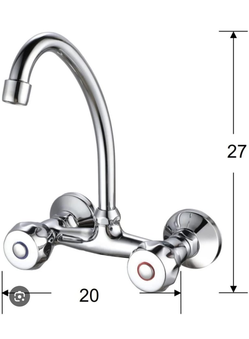 Italian Made Wall Mounted Kitchen Mixer Faucet with Dual Knobs for Hot and Cold Water, High Arc Chrome Plated Stainless Steel Spout, Rust-Resistant Design for Modern Kitchens - Image 4