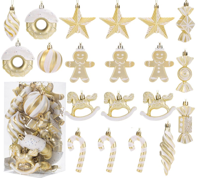 LANGXUN 20pcs Christmas Ornaments for 2024 Christmas Tree Hanging Decorations   rbol de Navidad Decoraci n  Plastic Horse  Gingerbread Man  Candy  Stars  Candy Cane Xmas Party Decor (Gold) - Image 1