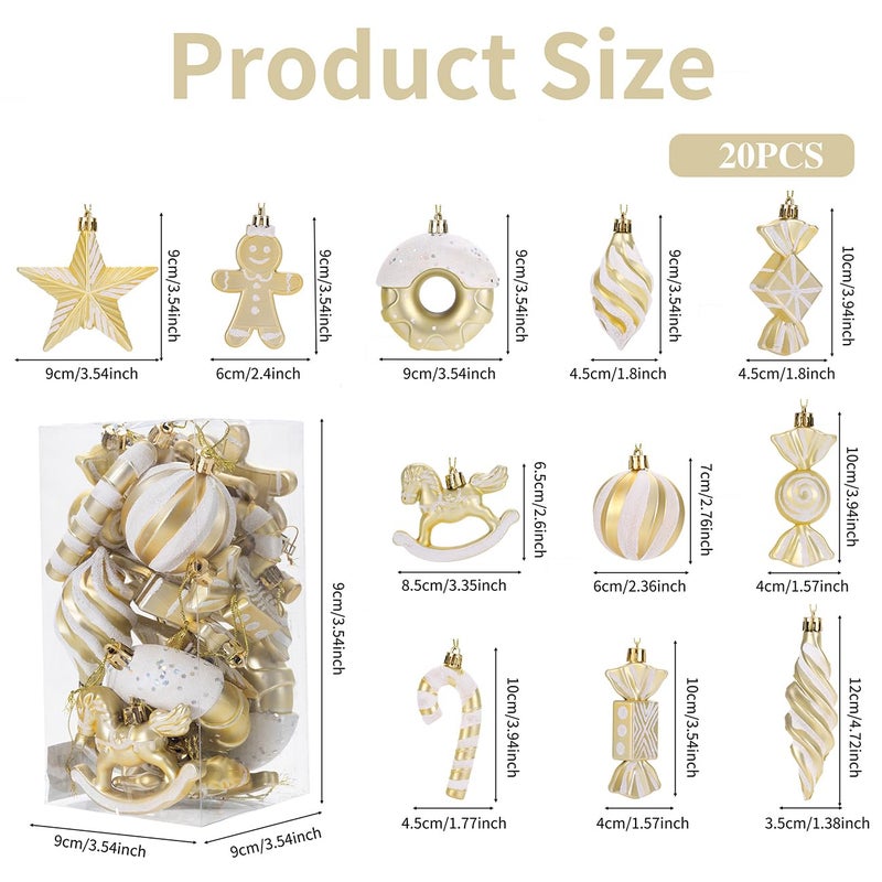 LANGXUN 20pcs Christmas Ornaments for 2024 Christmas Tree Hanging Decorations   rbol de Navidad Decoraci n  Plastic Horse  Gingerbread Man  Candy  Stars  Candy Cane Xmas Party Decor (Gold) - Image 2