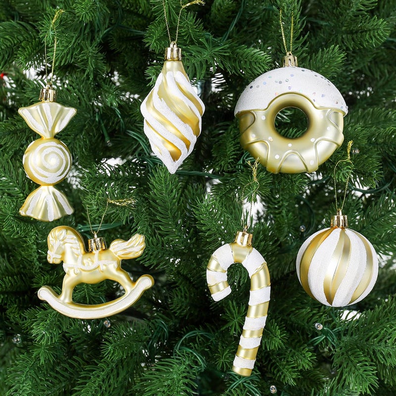LANGXUN 20pcs Christmas Ornaments for 2024 Christmas Tree Hanging Decorations   rbol de Navidad Decoraci n  Plastic Horse  Gingerbread Man  Candy  Stars  Candy Cane Xmas Party Decor (Gold) - Image 3