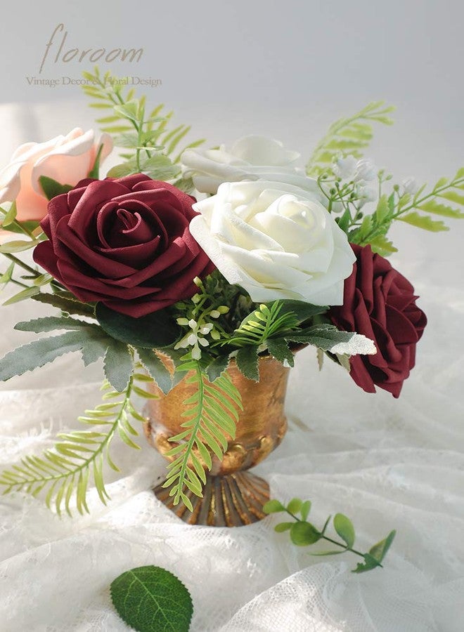 Floroom Artificial Flowers 50pcs Real Looking Burgundy Foam Fake Roses with Stems for DIY Wedding Bouquets Red Bridal Shower Centerpieces Floral Arrangements Party Tables Home Decorations - Image 5