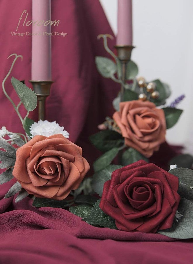 Floroom Artificial Flowers 50pcs Real Looking Burgundy Foam Fake Roses with Stems for DIY Wedding Bouquets Red Bridal Shower Centerpieces Floral Arrangements Party Tables Home Decorations - Image 2