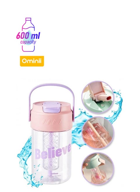 Portable water cup with tea drain double-layer direct drinking straw unisex drinking cup water bottle 600ml
