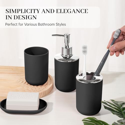 RRM Bathroom Accessory Set, 4 Pcs Plastic Bathroom Set Include Soap Dispenser, Soap Dish, Toothbrush Holder, Mousewash Cup, Modern Bahtroom Décor Set, Space Save for Bathroom(Black) - Image 5