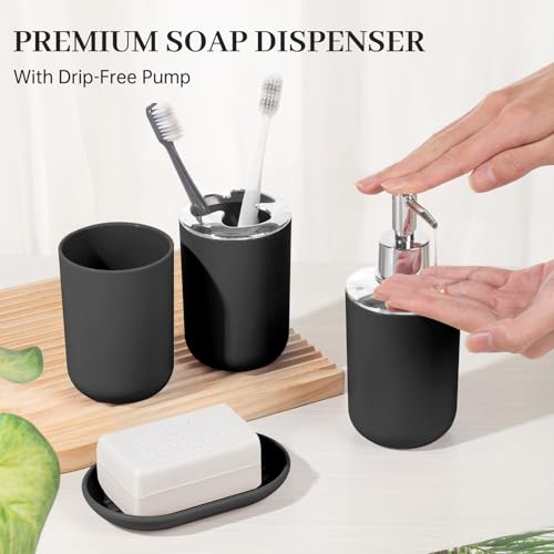 RRM Bathroom Accessory Set, 4 Pcs Plastic Bathroom Set Include Soap Dispenser, Soap Dish, Toothbrush Holder, Mousewash Cup, Modern Bahtroom Décor Set, Space Save for Bathroom(Black) - Image 4