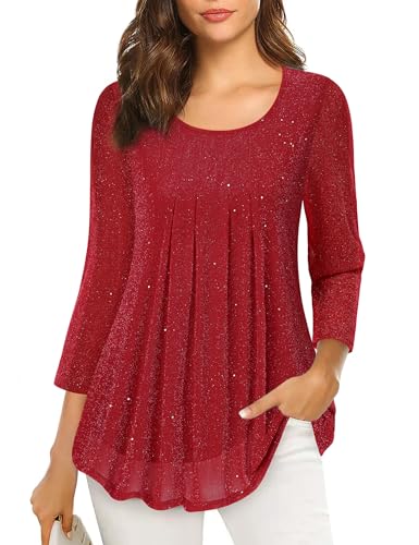 VALOLIA Womens Dressy Tops and Blouses: Fall - Women's Blouse Dressy - Bell Sleeve Tummy Flattering Tops for Curvy Women Henley V Neck Shirts for Winter Fashion Sparky Red Large - Image 1