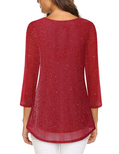 VALOLIA Womens Dressy Tops and Blouses: Fall - Women's Blouse Dressy - Bell Sleeve Tummy Flattering Tops for Curvy Women Henley V Neck Shirts for Winter Fashion Sparky Red Large - Image 2