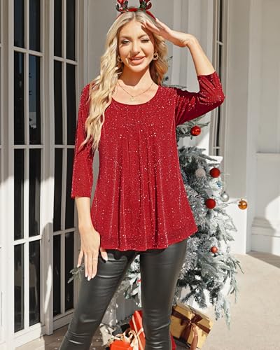 VALOLIA Womens Dressy Tops and Blouses: Fall - Women's Blouse Dressy - Bell Sleeve Tummy Flattering Tops for Curvy Women Henley V Neck Shirts for Winter Fashion Sparky Red Large - Image 3