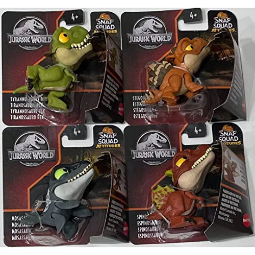 Jurassic World 2022 Snap Squad Attitudes Set of 4 Figures Tyrannosaurus Rex Spinosaurus Mosasaurus Stegosaurus from GXW58956C Release - Image 1