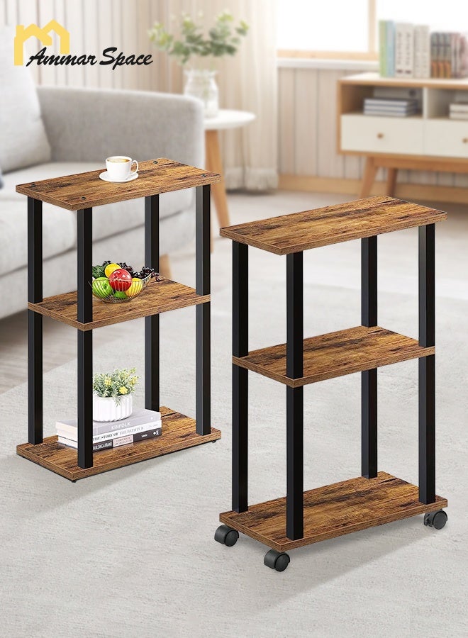 مساحة عمار طاولة جانبية بعجلات، مجموعة من 2 طاولة جانبية وطاولة بجانب السرير مع رفوف تخزين من طبقتين للمساحات الصغيرة، غرفة المعيشة، غرفة النوم، الطراز الريفي - Image 1