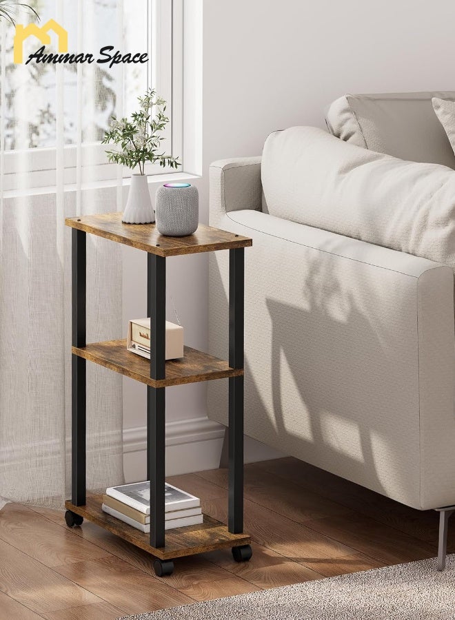 مساحة عمار طاولة جانبية بعجلات، مجموعة من 2 طاولة جانبية وطاولة بجانب السرير مع رفوف تخزين من طبقتين للمساحات الصغيرة، غرفة المعيشة، غرفة النوم، الطراز الريفي - Image 2