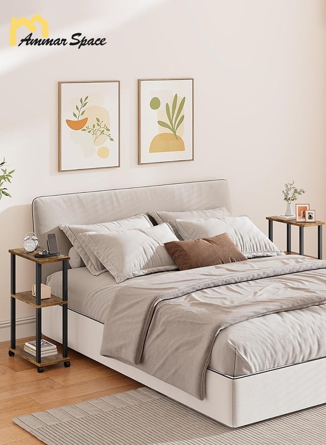 مساحة عمار طاولة جانبية بعجلات، مجموعة من 2 طاولة جانبية وطاولة بجانب السرير مع رفوف تخزين من طبقتين للمساحات الصغيرة، غرفة المعيشة، غرفة النوم، الطراز الريفي - Image 3