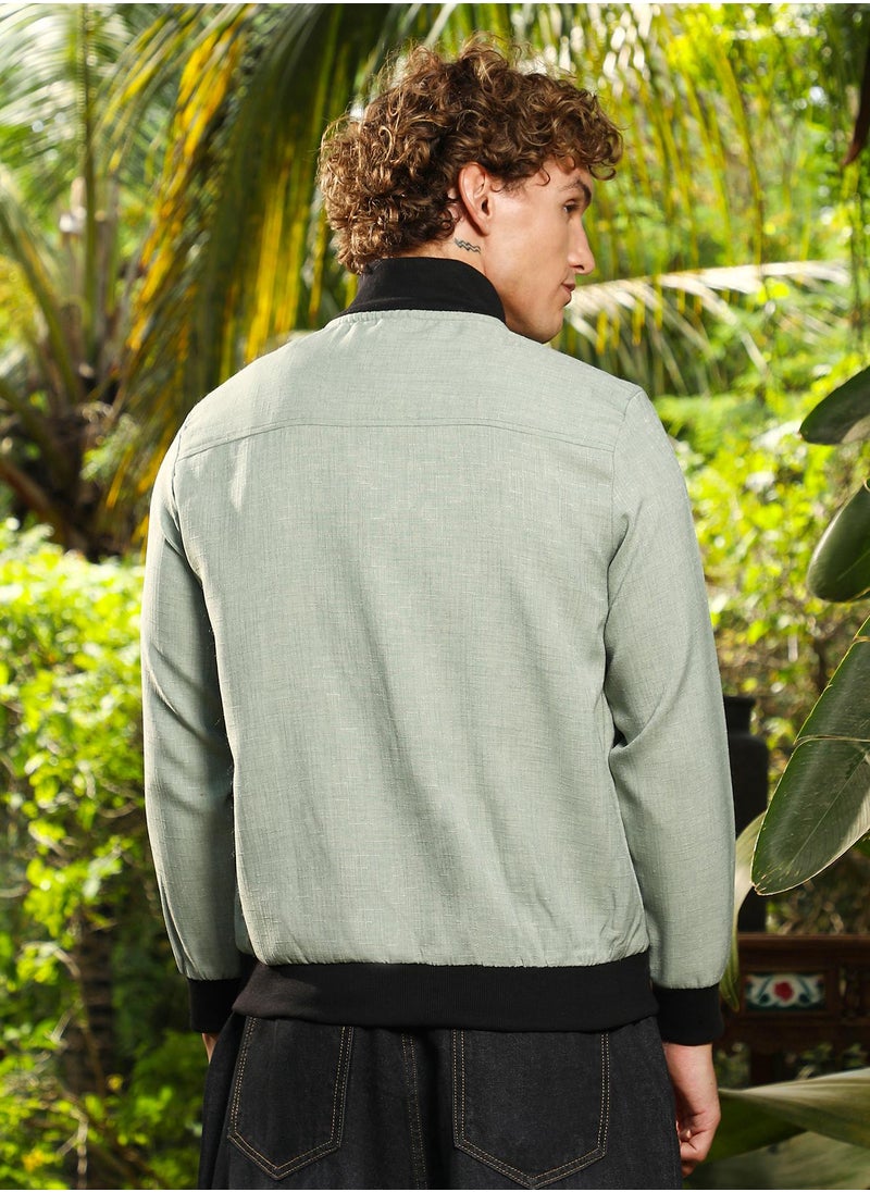 Campus Sutra Campus Sutra Men's Sage Green Tactile-Utility Bomber Jacket For Casual Wear | High Collar | Long Regular Sleeves | Button Closure | Jacket Crafted With Comfort Fit For Everyday Wear  - Image 5