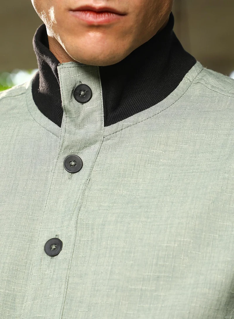 Campus Sutra Campus Sutra Men's Sage Green Tactile-Utility Bomber Jacket For Casual Wear | High Collar | Long Regular Sleeves | Button Closure | Jacket Crafted With Comfort Fit For Everyday Wear