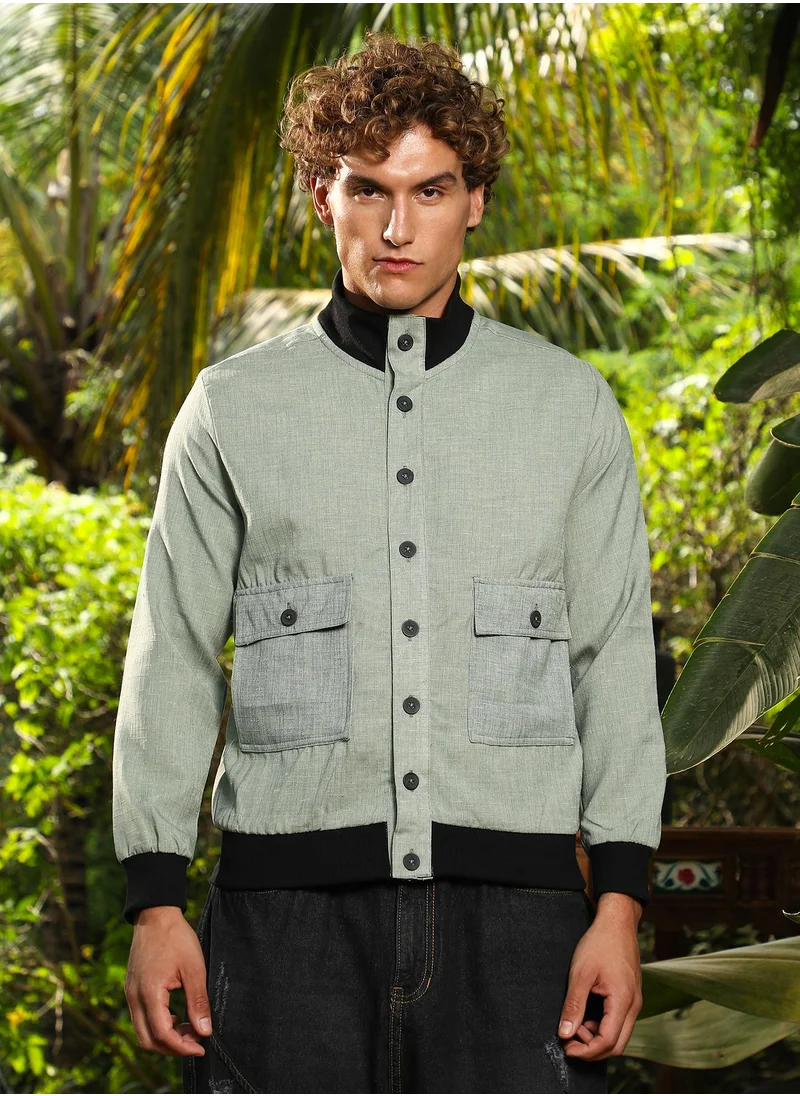 كامبوس سوترا Campus Sutra Men's Sage Green Tactile-Utility Bomber Jacket For Casual Wear | High Collar | Long Regular Sleeves | Button Closure | Jacket Crafted With Comfort Fit For Everyday Wear