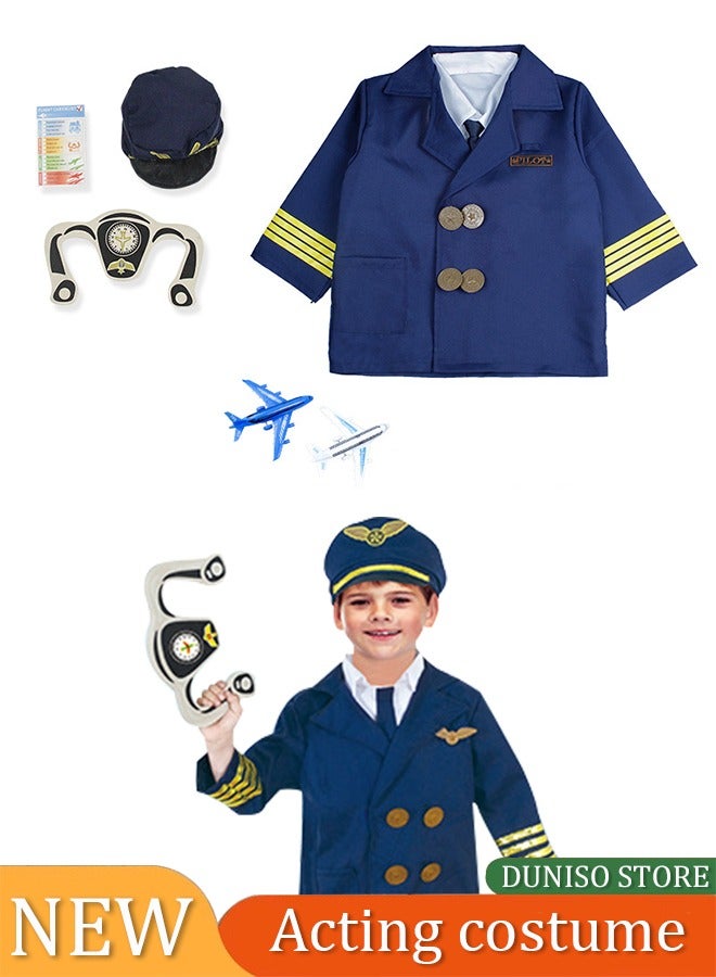 DUNISO Children's pilot costume, suitable for boys and girls to wear flight prop suits, role-playing sets, equipped with a hat and toy three piece set, suitable for heights of 100 to 130 centimeters - Image 1