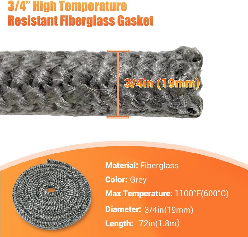 Protalwell Wood Stove Door Gasket, 3/4" Wood Stove Gasket Rope, Heat Resistance Fiberglass Gasket Replacement for Wood Stoves and Fireplaces, Grey Color, 72" Long - Image 2