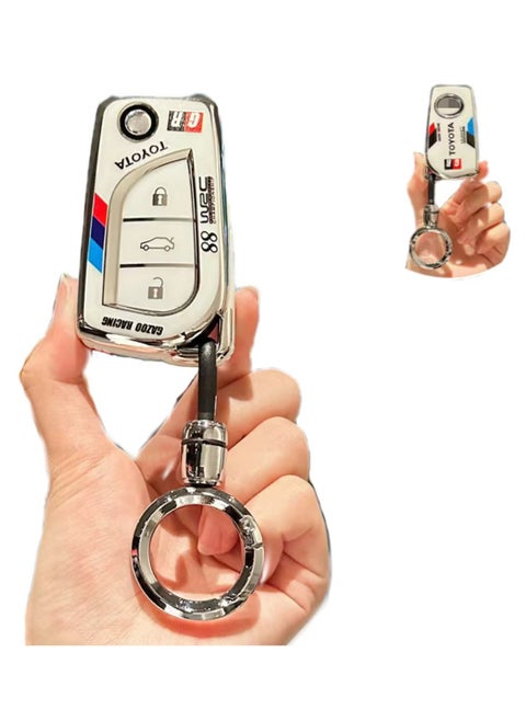 OUYoo TPU Case Key Fob Cover For Toyota C-HR Camry Corolla Fortuner Highlander Levin RAV4 LE Sequoia Sienna Tacoma Tundra Yaris Car Key Shells，With a key chain（white）