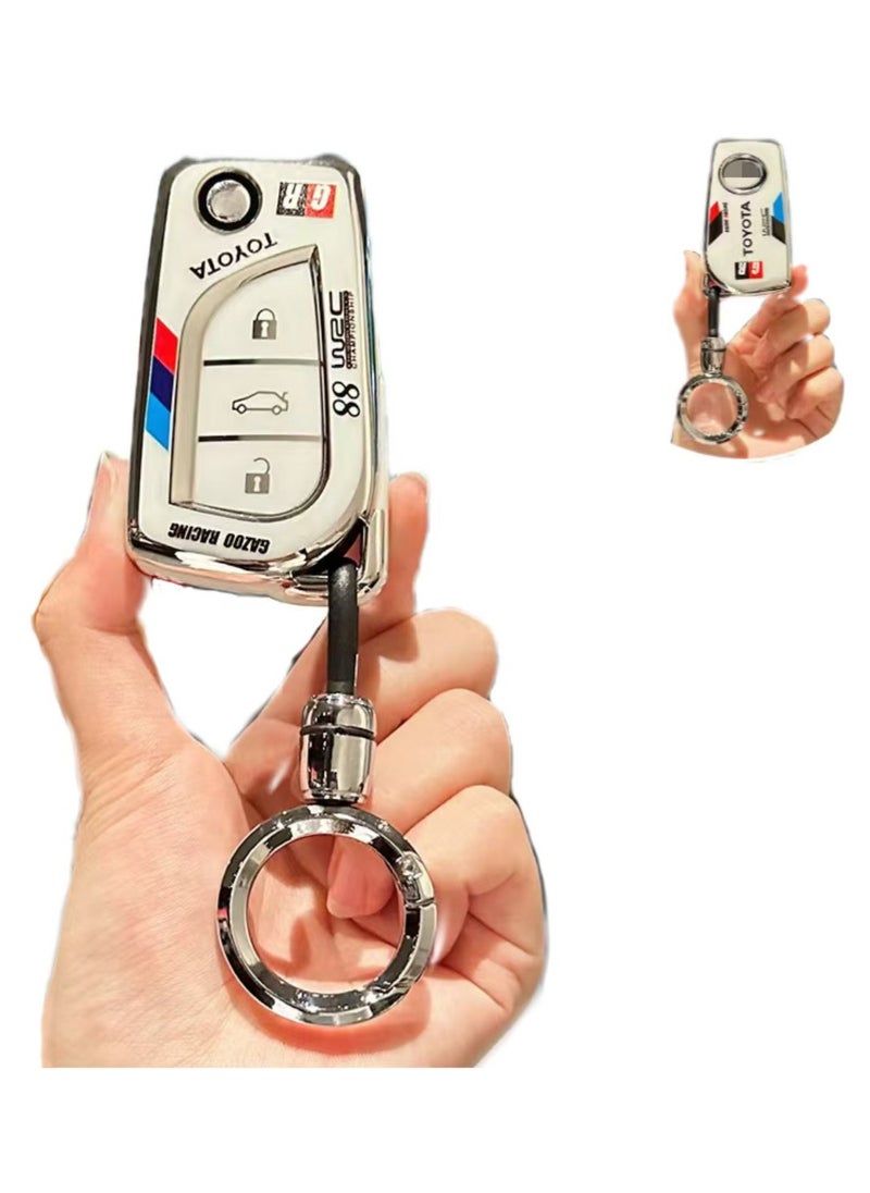 OUYoo - OUYoo TPU Case Key Fob Cover For Toyota C-HR Camry Corolla Fortuner Highlander Levin RAV4 LE Sequoia Sienna Tacoma Tundra Yaris Car Key Shells，With a key chain（white） - Image 1