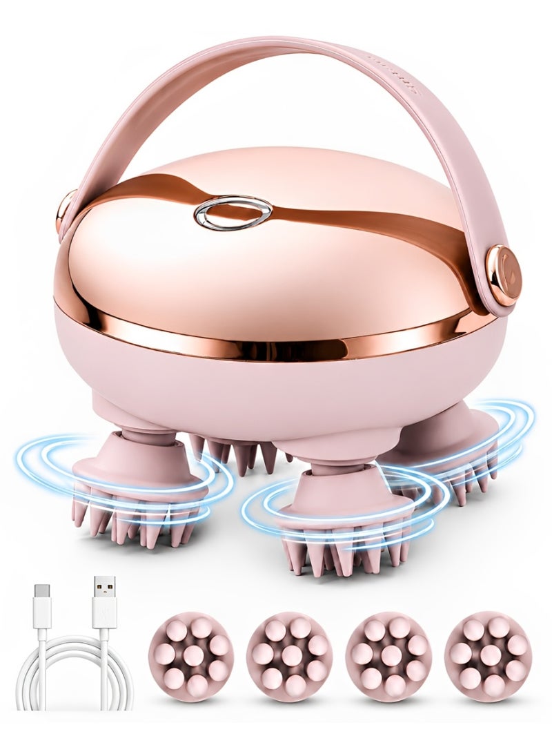 Electric Scalp Massager, Cordless Rechargeable Head Massager with 4 Soft Silicone Massage Heads, Hair Scalp Scrubber with Hand Strap, 3 Massage Modes & 15-Min Auto-Off, Portable Head Scratcher Massager for Stress Relief, Tension Relaxation, Hair Care, Shower, Spa, Neck, Shoulder and Body Massage, Gold - Image 1