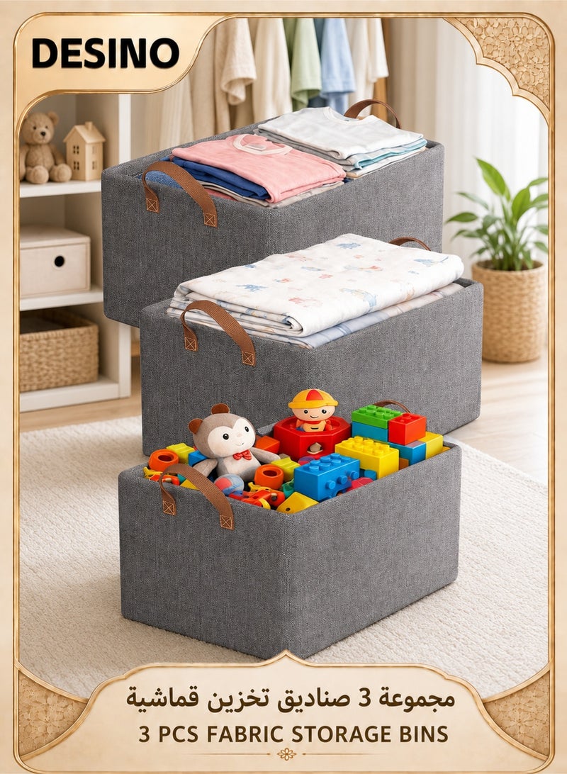 DESINO 3-Pack Foldable Fabric Storage Baskets with Handles, 26L Open-Top Storage Bins for Clothes, Toys, Towels, Wardrobe, Closet and Shelves, Grey, 40 × 27 × 21 cm - Image 1