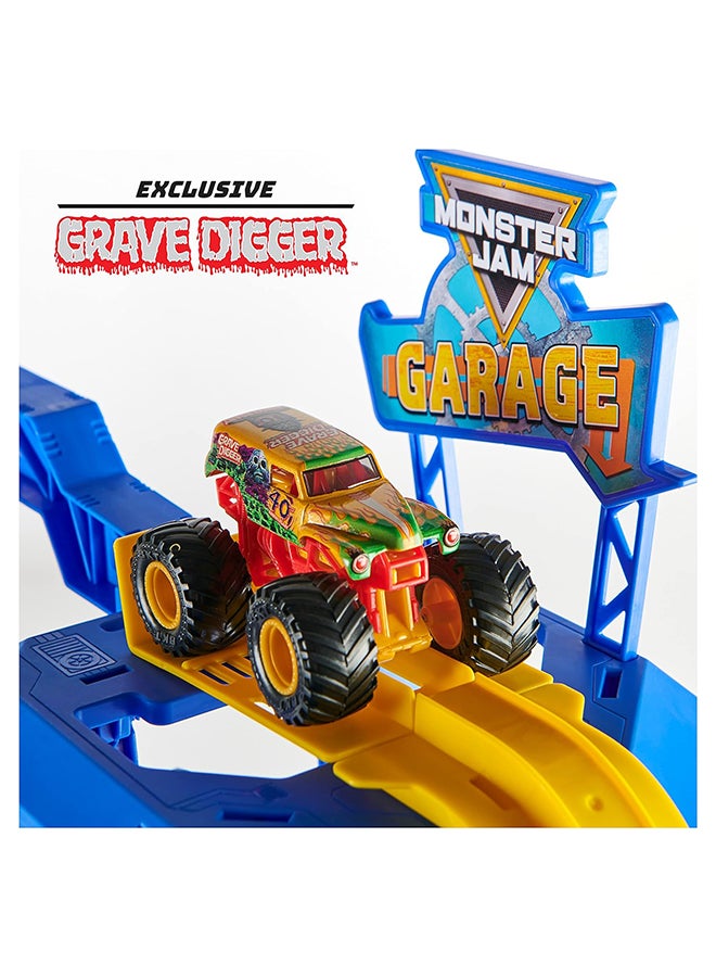 Monster Jam Garage Playset and Storage with Exclusive Grave Digger Monster Truck Lights and Sounds Kids Toys for Boys and Girls