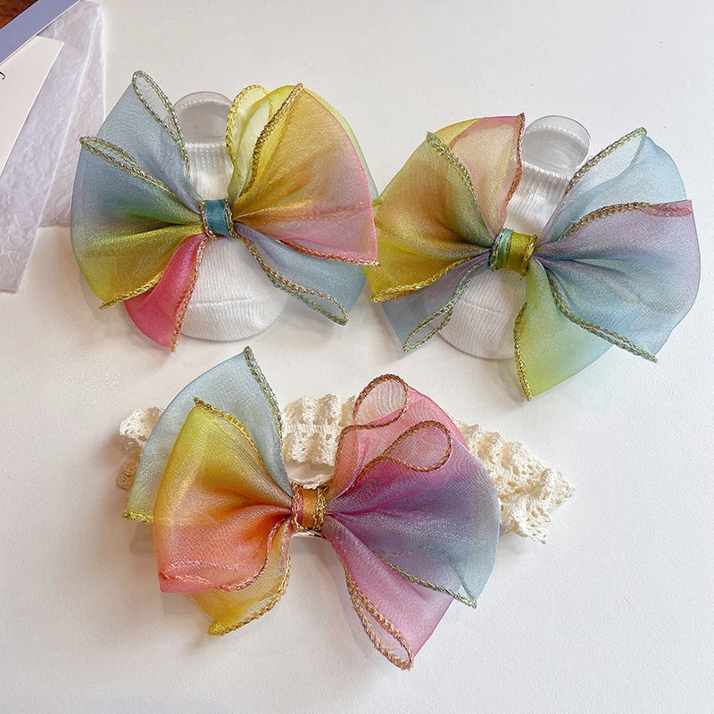 Generic Cute Newborn Socks and Headband Set Cartoon Korean Style Baby Accessories Green Gradient Bow 