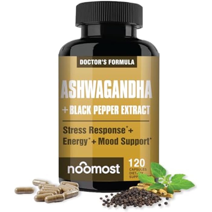 NooMost Ashwagandha 1200mg Supplement | 10% Withanolides with Black Pepper Extract | Pure Root Extract for Stress Relief, Promotes Energy, Mood, Helathy Sleep for Men & Women | 120 Capsules - Image 1