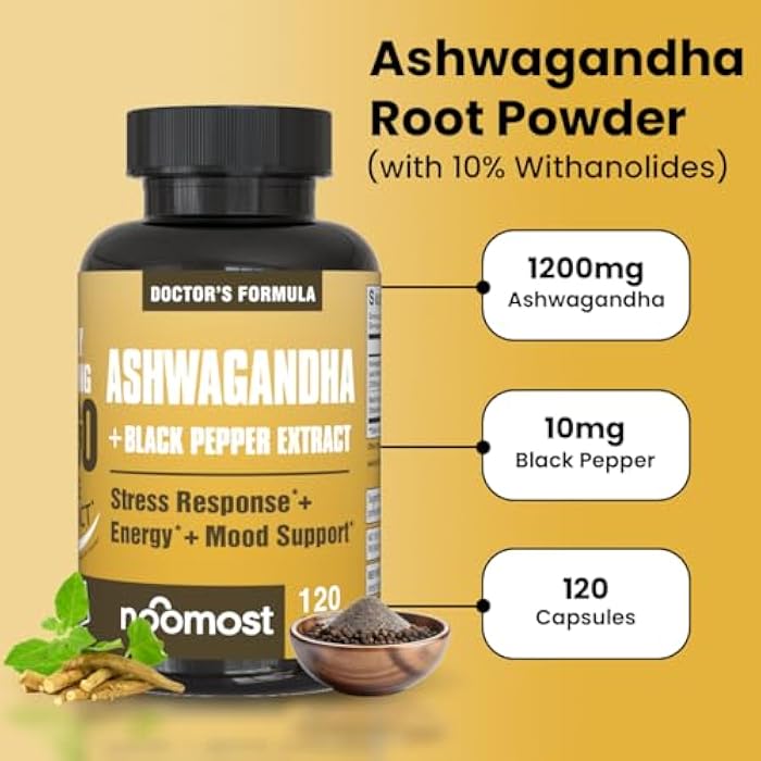 NooMost Ashwagandha 1200mg Supplement | 10% Withanolides with Black Pepper Extract | Pure Root Extract for Stress Relief, Promotes Energy, Mood, Helathy Sleep for Men & Women | 120 Capsules - Image 3