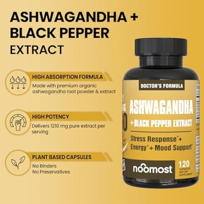 NooMost Ashwagandha 1200mg Supplement | 10% Withanolides with Black Pepper Extract | Pure Root Extract for Stress Relief, Promotes Energy, Mood, Helathy Sleep for Men & Women | 120 Capsules - Image 4