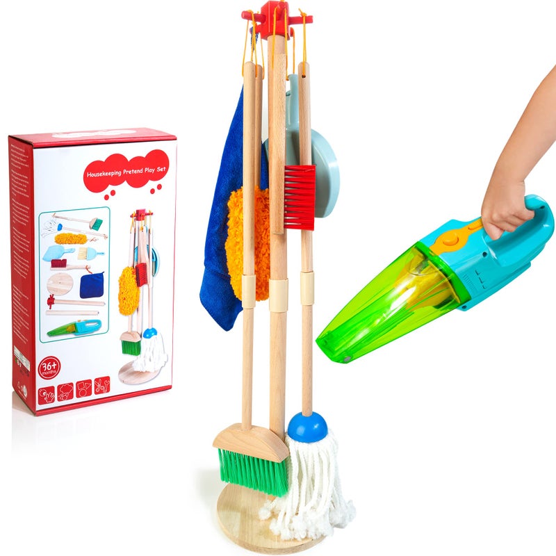 HELLOWOOD Kids Cleaning Set with Electric Vacuum Cleaners Wooden Pretend Play Housekeeping Set Toddler Cleaning Toys for Girls Boys Age 3 - Image 2