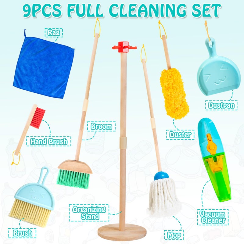 HELLOWOOD Kids Cleaning Set with Electric Vacuum Cleaners Wooden Pretend Play Housekeeping Set Toddler Cleaning Toys for Girls Boys Age 3 - Image 3