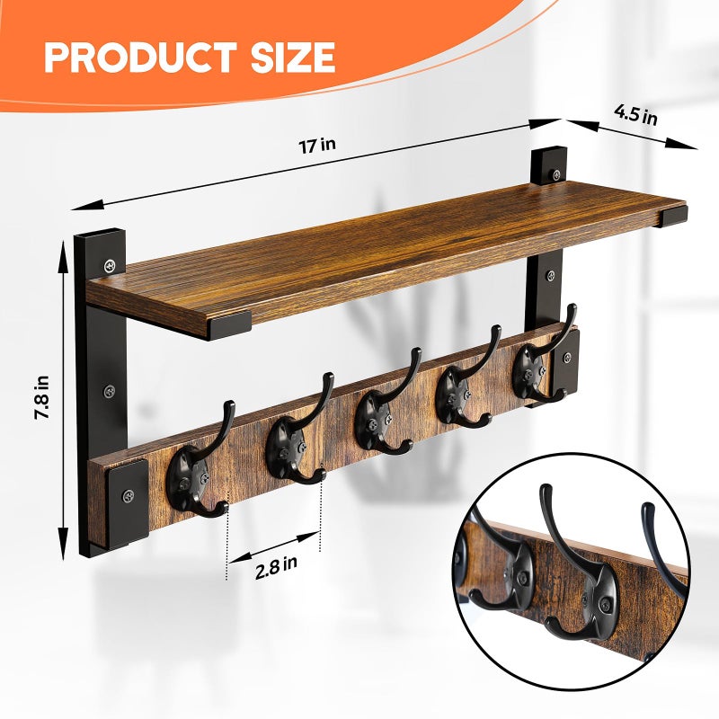 Oraich Wall Hooks with Shelf, Coat Rack Wall Mount for Coat Backpack Key Clothes Hanger, Wall Floating Shelf Hanging in Entryway, Living Room, Bathroom, Bedroom, Kitchen - Image 4