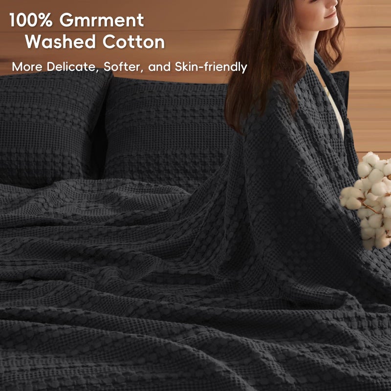 PHF 100% Cotton Waffle Weave Blanket King Size for Bed, Soft Lightweight & Breathable, All-Season Comfort, Luxury Aesthetic Woven Bedding for Home Decor, 108"x90", Black - Image 2