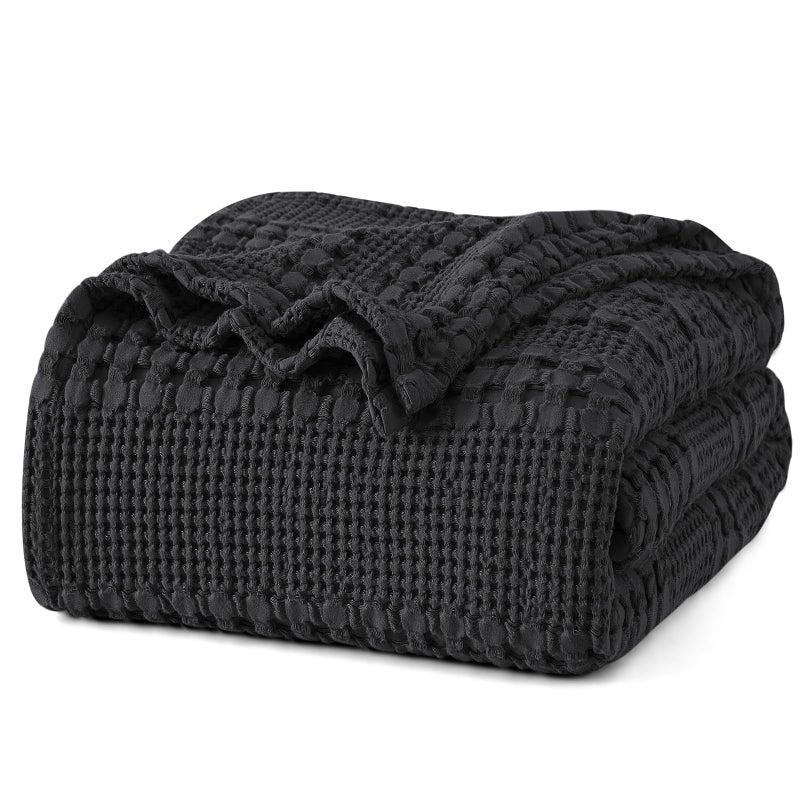 PHF 100% Cotton Waffle Weave Blanket King Size for Bed, Soft Lightweight & Breathable, All-Season Comfort, Luxury Aesthetic Woven Bedding for Home Decor, 108"x90", Black - Image 1