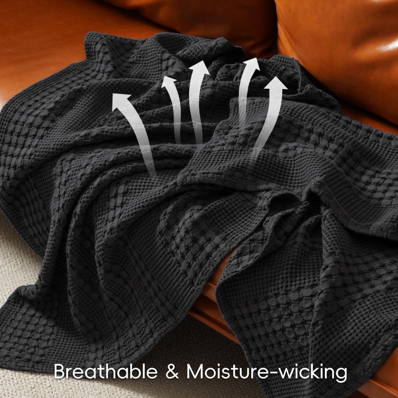 PHF 100% Cotton Waffle Weave Blanket King Size for Bed, Soft Lightweight & Breathable, All-Season Comfort, Luxury Aesthetic Woven Bedding for Home Decor, 108"x90", Black - Image 3