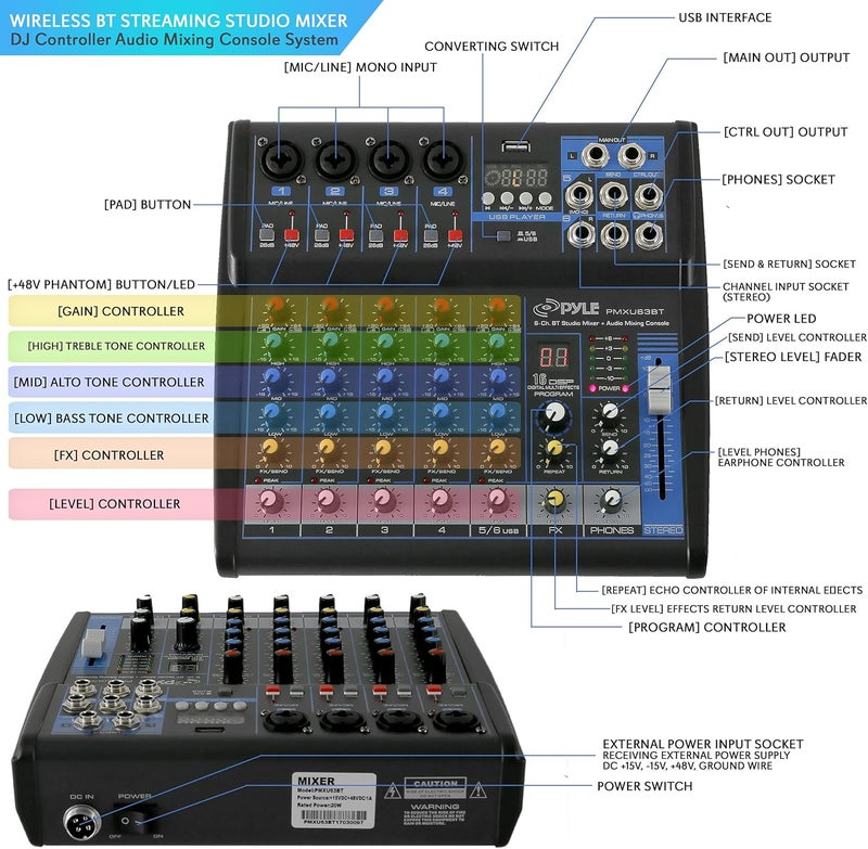 Pyle 6-Channel Professional Audio Mixer - USB - Bluetooth - 48V Phantom Power - Digital MP3 Input - FX 16-Bit DSP - Desk System Interface - PMXU63BT - Image 2
