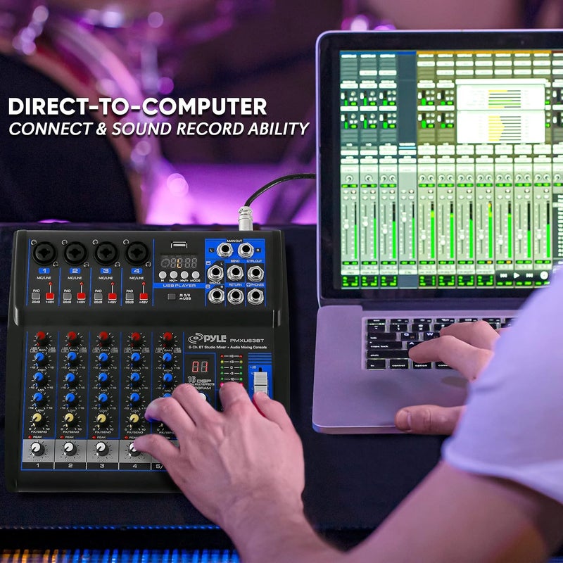 Pyle 6-Channel Professional Audio Mixer - USB - Bluetooth - 48V Phantom Power - Digital MP3 Input - FX 16-Bit DSP - Desk System Interface - PMXU63BT - Image 3
