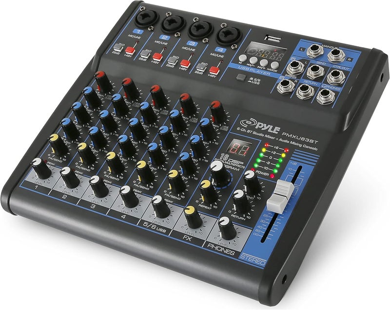Pyle 6-Channel Professional Audio Mixer - USB - Bluetooth - 48V Phantom Power - Digital MP3 Input - FX 16-Bit DSP - Desk System Interface - PMXU63BT - Image 1