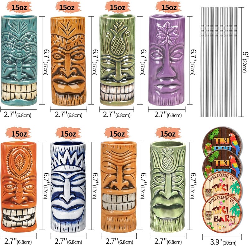 SuproBarware Tiki Mugs Set of 8  Ceramic Tiki Glasses with Tiki Coaster Unique Cocktail Glass Bar Professional HawaiianTiki Mug and Halloween Christmas Party Barware - Image 2