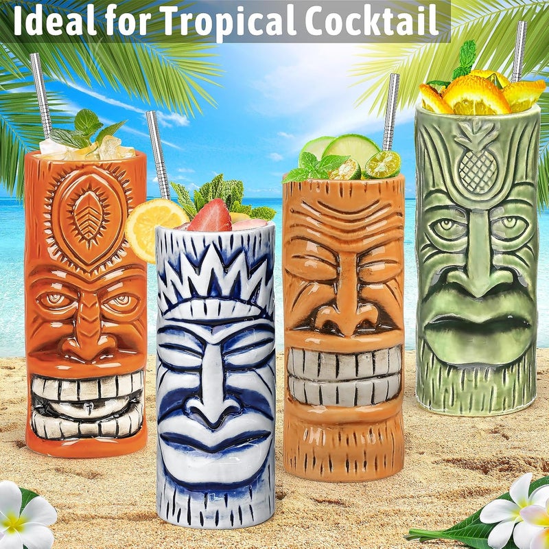 SuproBarware Tiki Mugs Set of 8  Ceramic Tiki Glasses with Tiki Coaster Unique Cocktail Glass Bar Professional HawaiianTiki Mug and Halloween Christmas Party Barware - Image 4