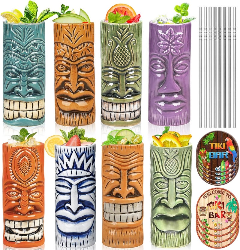 SuproBarware Tiki Mugs Set of 8  Ceramic Tiki Glasses with Tiki Coaster Unique Cocktail Glass Bar Professional HawaiianTiki Mug and Halloween Christmas Party Barware - Image 1