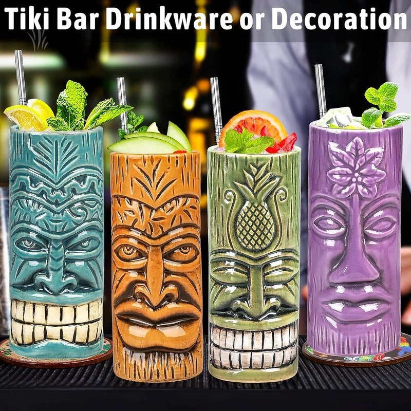 SuproBarware Tiki Mugs Set of 8  Ceramic Tiki Glasses with Tiki Coaster Unique Cocktail Glass Bar Professional HawaiianTiki Mug and Halloween Christmas Party Barware - Image 5