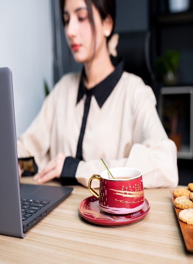 JustBrew طقم شاي جست برو مكون من 6 قطع، أحمر | كوب وملعقة وصحن مصنوع من السيراميك مع ملعقة تقليب مطلية بالذهب | ملعقة/ملعقة طويلة لتحضير الشاي بسرعة | طقم هدايا فاخر للمناسبات 200 مل - Image 3