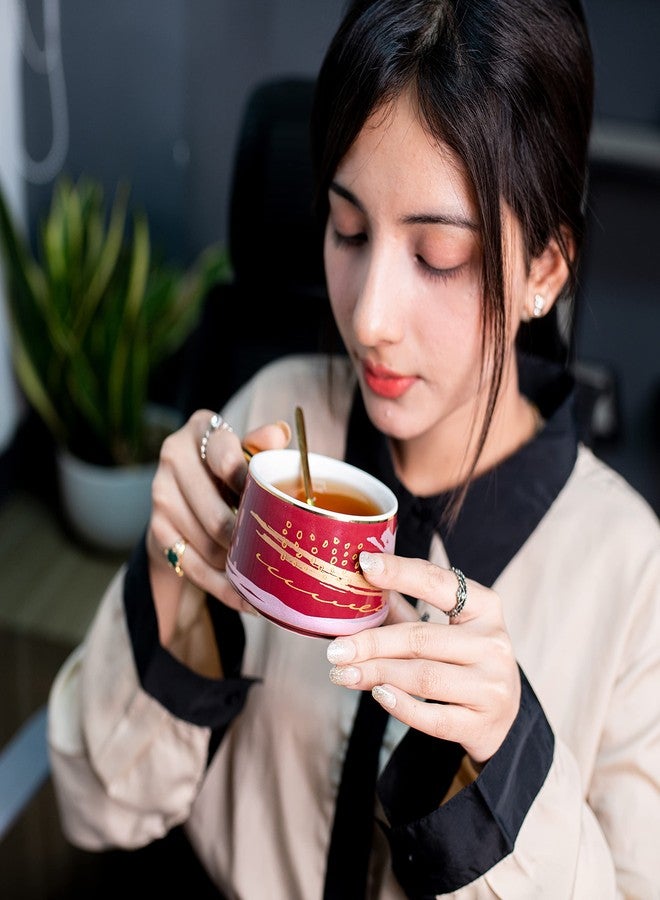 JustBrew طقم شاي جست برو مكون من 6 قطع، أحمر | كوب وملعقة وصحن مصنوع من السيراميك مع ملعقة تقليب مطلية بالذهب | ملعقة/ملعقة طويلة لتحضير الشاي بسرعة | طقم هدايا فاخر للمناسبات 200 مل - Image 4