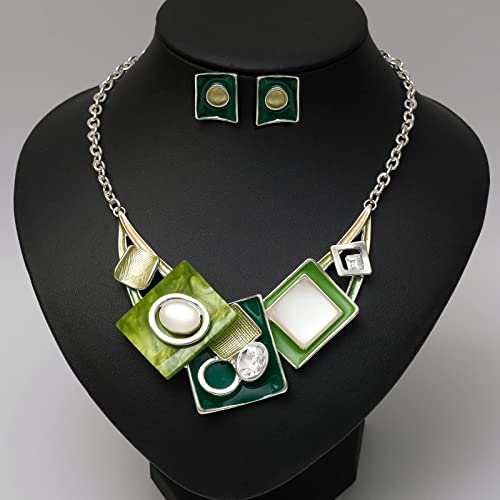 CSY Fashion Oval Crystal Opals Statement Bib Necklace Earrings Silver Plated Bohemian Costume Jewelry Set Gifts for Women (green) - Image 3