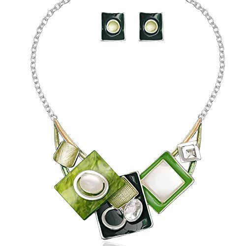 CSY Fashion Oval Crystal Opals Statement Bib Necklace Earrings Silver Plated Bohemian Costume Jewelry Set Gifts for Women (green) - Image 1