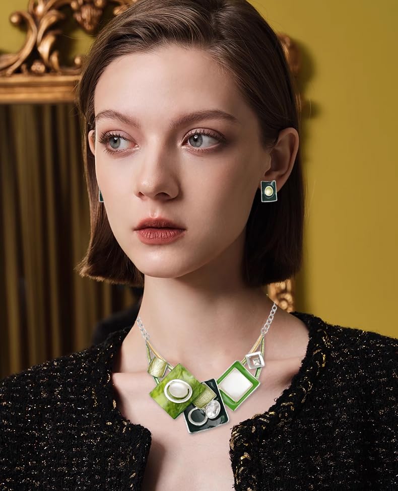 CSY Fashion Oval Crystal Opals Statement Bib Necklace Earrings Silver Plated Bohemian Costume Jewelry Set Gifts for Women (green) - Image 2